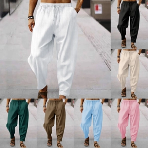 Men's loose striped linen trousers with drawstring waist and wide leg in multiple colors