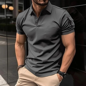 Men's slim fit short sleeve polo shirt in dark grey with tactical sleeve pocket