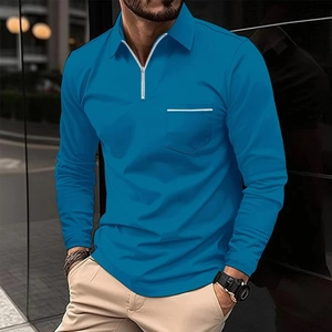 Detail of light blue long sleeve polo shirt with zipper collar and chest pocket striping