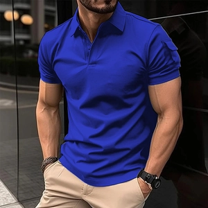 Slim fit men's royal blue short sleeve polo shirt with a functional sleeve pocket detail