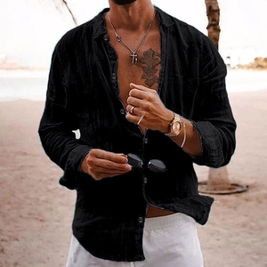 Close-up of men's black linen shirt with single-breasted collar for summer beach vacation