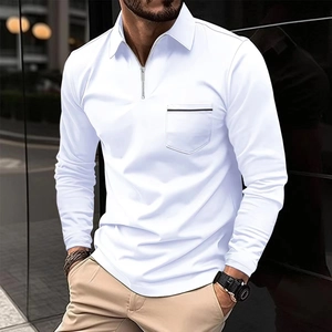 Close-up of white long-sleeve polo shirt featuring half-zip collar and decorative chest pocket