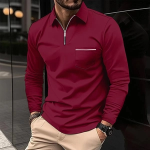 Men's burgundy long sleeve polo shirt with half-zip collar and chest pocket detail