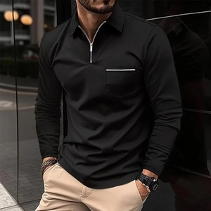 Men's black long sleeve polo shirt with half-zip collar and striped chest pocket