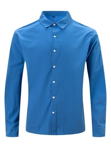 Detail view of royal blue slim fit cotton linen shirt with classic collar for men