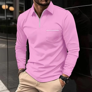 Detail view of pink long sleeve polo shirt with silver zipper and white piped chest pocket
