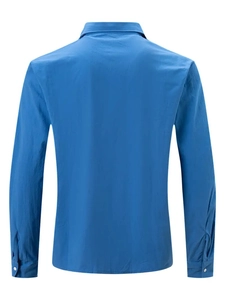 Back view of a slim-fit light blue long-sleeved shirt with natural linen-like texture