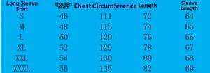 Detailed size chart for men's slim fit long sleeve shirt showing S to 3XL measurements