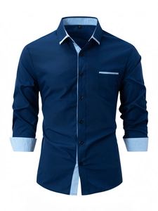 Herren Casual Business Baumwollmischung Hemd Kontrastbesatz Farbblock Langarm Button Down Smart Slim Fit Büro Dress Hemd