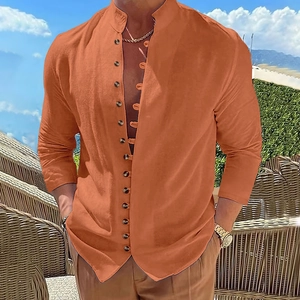 Detailansicht Herren Vintage Leinenhemd mit Stehkragen und mehrreihiger Knopfleiste in Orange
