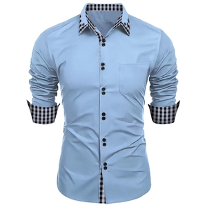 Slim fit long sleeve shirt for men in sky blue with plaid contrast collar and cuffs