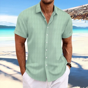 Relaxed fit light green cotton linen shirt with vertical stripes for summer beach style