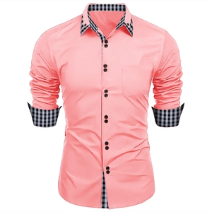 Slim fit pink men's casual long sleeve shirt with stylish black and white checkered accents