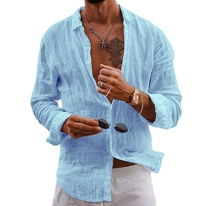 Men's light blue cotton linen shirt with long sleeves and casual turn-down collar