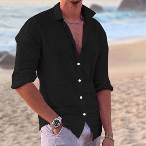 Detailed view of the black cotton linen men's casual shirt with white contrast buttons