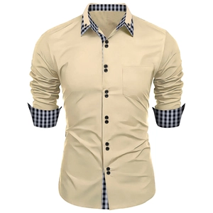Men's slim-fit long-sleeve khaki business casual shirt with stylish plaid patchwork details