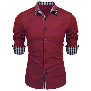 Men's slim fit burgundy business shirt with stylish checkered collar and cuff lining