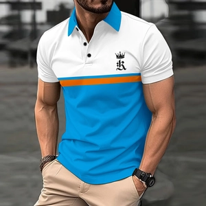 Polo à manches courtes pour hommes avec blocs de couleurs blanc et bleu et logo couronne