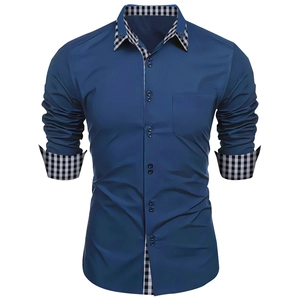 Detail of slim-fit navy blue shirt showing gingham pattern inside collar and cuffs