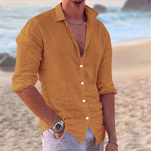 Close-up of ginger linen shirt texture with white buttons and roll-up sleeves for men