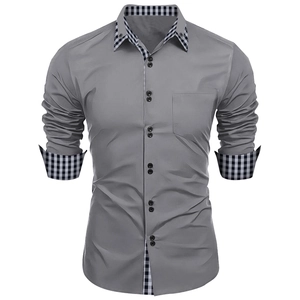 Detail of slim fit grey shirt featuring black and white plaid trim and double button placket