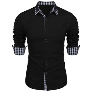 Men's slim-fit long-sleeve black business shirt with plaid contrast trim and pocket