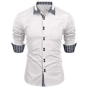 Detail of slim-fit white men's shirt with black checkered pattern on collar and cuffs