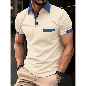 Polo da uomo beige a maniche corte con dettagli a contrasto blu e taschino sul petto