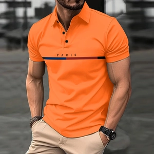 Polo naranja para hombre de corte entallado con franja Paris y cuello deportivo