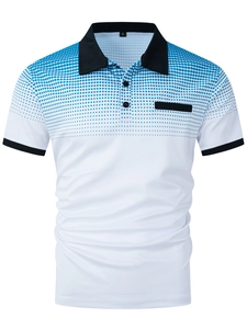 Close-up of white polo shirt with blue gradient dots and black contrasting collar