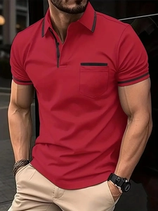 Men's slim fit red polo shirt with black contrast trim and chest pocket detail