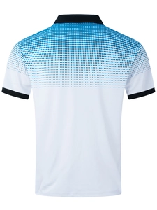 Back view of men's polo shirt with blue gradient dots and black contrast collar