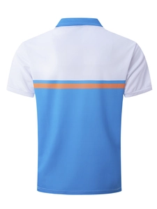 Dos d'un polo pour homme avec rayures bleu-blanc-orange et tissu en maille respirante