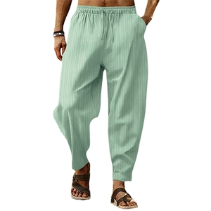 Men's loose striped linen pants in mint green with drawstring waist for summer