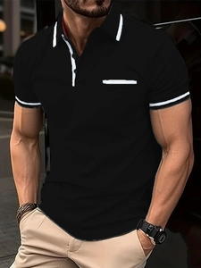Men's black quick-dry short sleeve polo shirt with white stripe trim and chest pocket