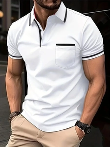 Men's Short Sleeve Polo Shirt Cotton Blend Breathable Contrast Trim Slim Fit Casual Business Top with Chest Pocket