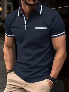 Men's slim fit navy polo shirt with white trim pocket and breathable summer fabric