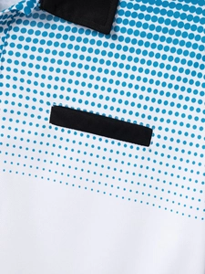 Detail of breathable quick-dry polo fabric with blue gradient dot pattern and black collar