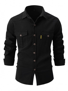 Men's black long sleeve cotton shirt with double chest pockets and metal buttons
