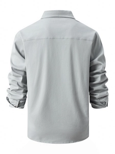 Back view of a slim fit light grey long sleeve cotton casual shirt for men