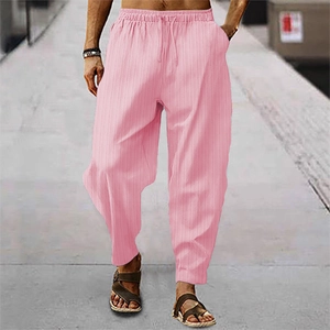 Hip-Hop-Leinenhose für Herren mit Streifenmuster in leuchtendem Rosa und Kordelzug