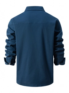Detailed back view of a dark blue cotton casual shirt showing fabric texture and tailoring