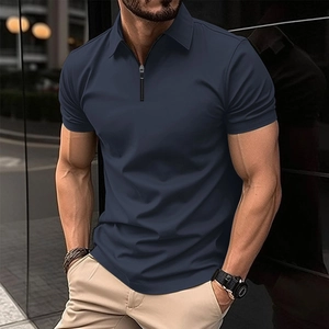 Men's navy blue slim fit short sleeve polo shirt with half-zipper in urban setting