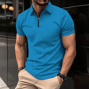 Detail of blue slim-fit polo shirt featuring a zip placket and ribbed cuffs for men