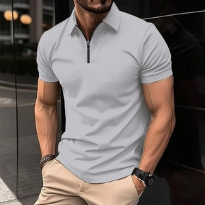 Close-up of men's slim fit polo shirt with 1/4 zipper detail in light grey color