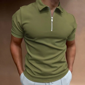 Detail of olive green polo shirt featuring a silver metal half-zipper and knit texture