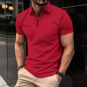 Slim fit red short sleeve polo shirt for men featuring a modern zipper neck closure