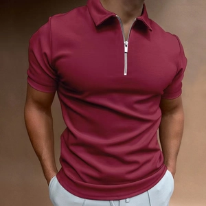Detail view of burgundy men's slim fit polo shirt featuring a modern zipper neckline
