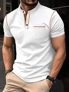 Polo Henley da Uomo a Manica Corta con Cuciture a Contrasto Vestibilità Slim Top Casual con Taschino Misto Cotone Sportivo