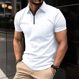 Men's slim fit white short sleeve Polo shirt with modern zipper collar for casual summer wear